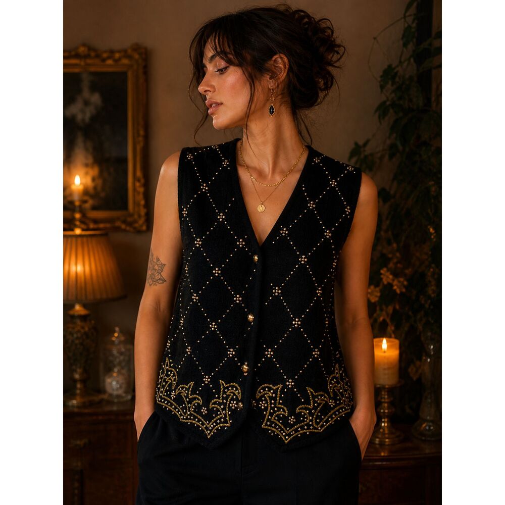 Evening Black Beaded Sweater Vest | Vintage 90s Glam Cardigan | Rhinestone Top L